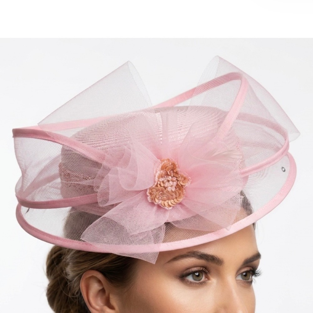 Pink Pillbox Fascinator Hat Mesh Tulle Flower Sequin Rhinestone Tea Party Hat